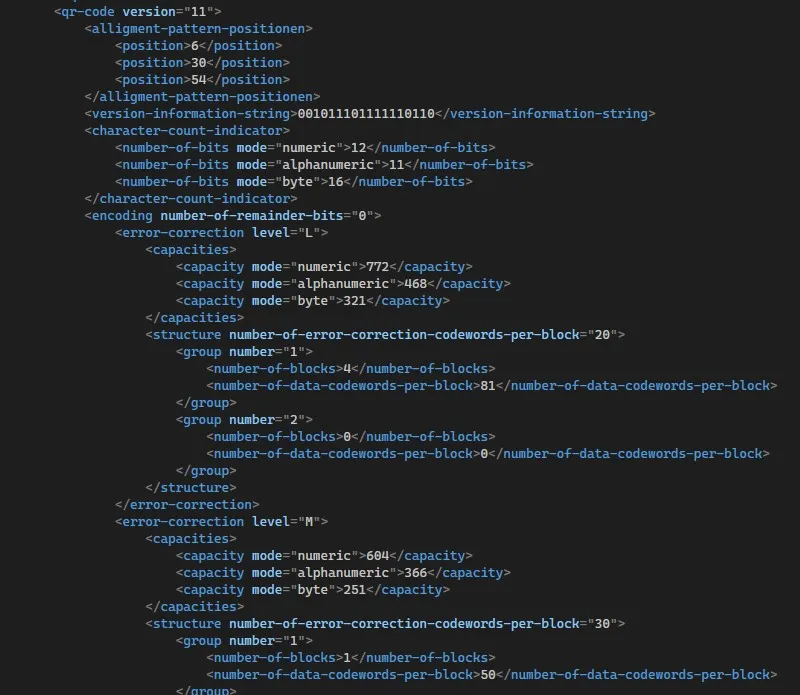 XML-Datei mit Parametern für die Erstellung von QR-Codes